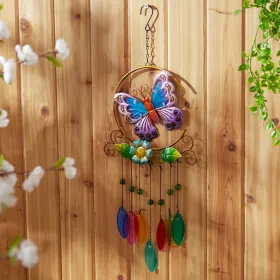 Butterfly Iron Ornament with Glass Leaves Wind Chime - Decorative Garden Hanging Decor