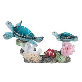 10.75"W Two Green Sea Turtles Swimming with Clownfish Figurine Home Decor Gift