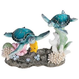 8.75"W Two Blue Sea Turtles Swimming with Yellow Fish Figurine Home Decor Gift