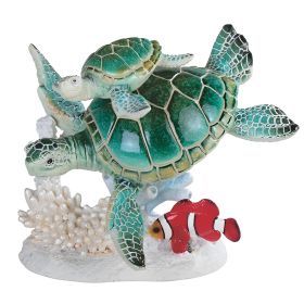 6.5"H Green Sea Turtle and Baby Swimming with Clownfish Figurine Home Decor Gift
