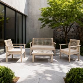 Direct Wicker 4-Piece Acacia Wood Patio Conversation Set with Cushions, Rope Woven Design Outdoor Furniture Set, Natural