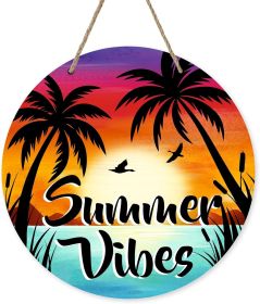 Summer Vibes Beach Front Door Sign, Coastal Palm Tree Sunset Wood Hanger Outdoor Outside Porch Home Decor
