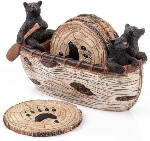Bear Coasters Set of 6 Full Size Rustic Coasters in Handmade Canoe with Adorable Black Bear Figurines | Black Bear Log Cabin Decorations,