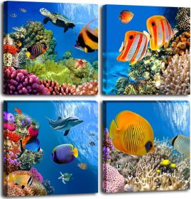 Bathroom Canvas Wall Art Sea Turtle Wall Decor for Living Room Colorful Fish Coral Dolphin Ocean Theme Underwater World Pictures for Bedroom Navy