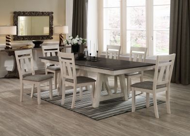 7pc Cottage Style Extendable Dining Table Set Chalk Gray Tow Tone Finish Upholstered Chair Dining Room Wooden Furniture Two Self-Storing Refector
