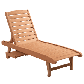 Outsunny Chaise Lounge Chair Outdoor Wooden Pool Lounge Chair with 3-level Adjustable Backrest, Built-In Table and Rolling Wheels
