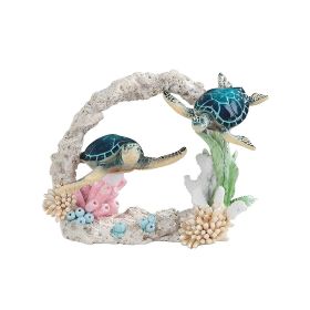9"W Blue Sea Turtle Couple Swimming Around Coral Figurine Home Decor Gift