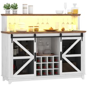 HOMCOM 55" Coffee Bar Cabinet with Lights, Farmhouse Wine Cabinet with Wine and Glass Racks for Kitchen, Dining Room, White