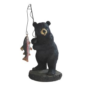 5"H Black Bear Salmon Fishing on Rock Figurine Home Decor Gift