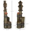 Outdoor Fountain with Birdhouse, Cascading Garden Waterfall Bird Bath with 3-Tier Rustic Tree Trunk & LED Lights for Porch, Deck, Yard, Brown