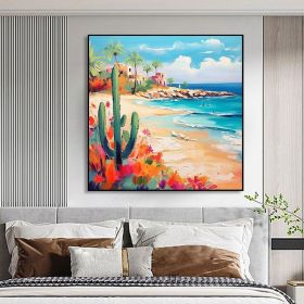 Hand Painted Oil Painting Tropical Seascape Oil Painting on Canvas Original Custom Cactus Home Decor Abstract Beach Painting Living room Wall Dec (Style: 01, size: 90x90cm)