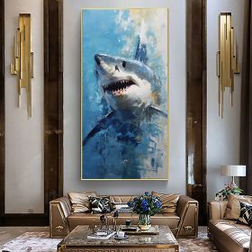Hand Painted Oil Painting Original Shark Oil Painting on Canvas Custom Animal Painting Large Modern Wall Art Abstract Blue Ocean Art Decor Living (Style: 01, size: 60x120cm)