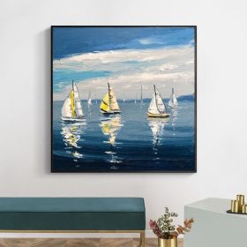 Hand Painted Oil Painting Sailboat Ocean Seascape-Hand-Painted- Oil Painting Handmade- Wall Art Hand Paint - For Home Decoration (Style: 01, size: 70x70cm)