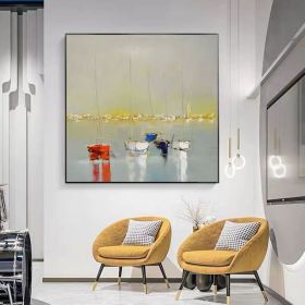 Ocean Wall Art Canvas Oil Painting Sunrise Bathroom Handmade Boat Landscape Posters Picture for Bedroom Beach House Decor (size: 100x100cm)