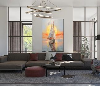 Abstract Sailboats 100% Handmade Sunset Seascape Boat Painting Textured Painting Acrylic Oil Painting Wall Decor Living Room Sea Art (Style: 01, size: 140x210cm)
