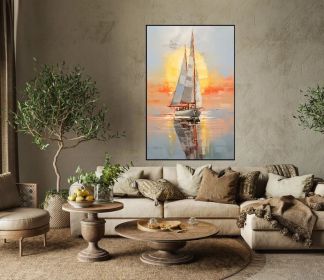 Abstract Sailboats 100% Handmade Sunset Seascape Boat Painting Textured Painting Acrylic Oil Painting Wall Decor Living Room Sea Art (Style: 01, size: 50x70cm)