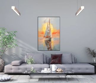 Abstract Sailboats 100% Handmade Sunset Seascape Boat Painting Textured Painting Acrylic Oil Painting Wall Decor Living Room Sea Art (Style: 01, size: 60x90cm)