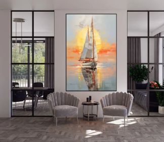 Abstract Sailboats 100% Handmade Sunset Seascape Boat Painting Textured Painting Acrylic Oil Painting Wall Decor Living Room Sea Art (Style: 01, size: 70x100cm)