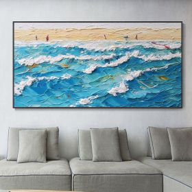 Hand Painted Decor Blue Ocean Canvas Waves Art Painting Pleasure Coast Landscape Art Living Room Decor Abstract Nature Landscape Oil Painting (Style: 01, size: 120x240cm)