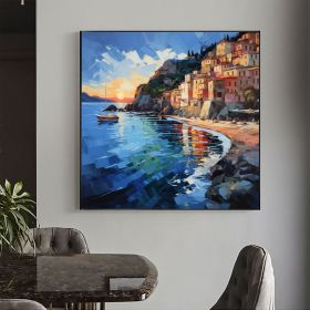 Hand Painted Abstract Mediterranean Oil Painting On Canvas Large Wall Art Original Coastal City Landscape Art Custom Blue Ocean Decor Living Room (Style: 01, size: 80x80cm)