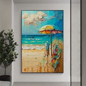 Handmade Oil Painting Abstract Beach Canvas Painting Large Original Sunshine Ocean Coast Seascape Oil Painting Wall Art Modern Blue Beige Living (Style: 01, size: 70x100cm)