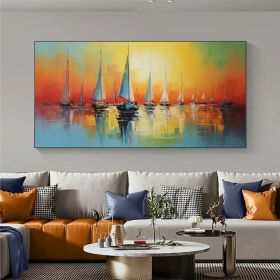 Abstract Sailboat Oil Painting On Canvas Large Wall Art Original Nautical Art Ocean Landscape Art Sunset Decor Custom Painting Home Decor (Style: 01, size: 70x140cm)
