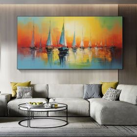 Abstract Sailboat Oil Painting On Canvas Large Wall Art Original Nautical Art Ocean Landscape Art Sunset Decor Custom Painting Home Decor (Style: 01, size: 80x160cm)
