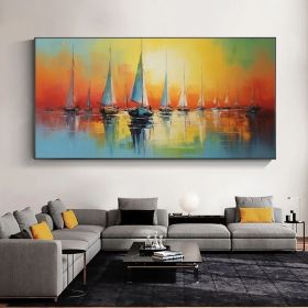 Abstract Sailboat Oil Painting On Canvas Large Wall Art Original Nautical Art Ocean Landscape Art Sunset Decor Custom Painting Home Decor (Style: 01, size: 140x280cm)