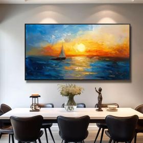 Large Abstract Blue Ocean Oil Painting on Canvas Original Sunset Seascape Wall Art Nautical Art Painting Modern Living Room Wall Decor (Style: 01, size: 40x80cm)