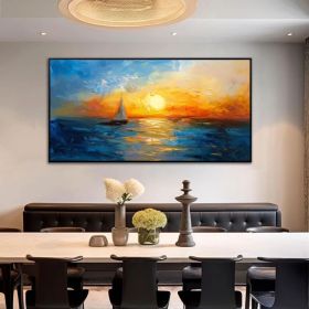 Large Abstract Blue Ocean Oil Painting on Canvas Original Sunset Seascape Wall Art Nautical Art Painting Modern Living Room Wall Decor (Style: 01, size: 60x120cm)