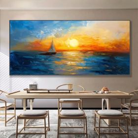 Large Abstract Blue Ocean Oil Painting on Canvas Original Sunset Seascape Wall Art Nautical Art Painting Modern Living Room Wall Decor (Style: 01, size: 70x140cm)