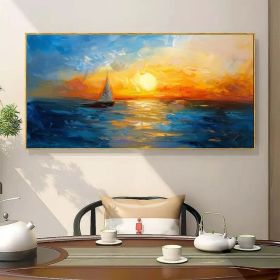 Large Abstract Blue Ocean Oil Painting on Canvas Original Sunset Seascape Wall Art Nautical Art Painting Modern Living Room Wall Decor (Style: 01, size: 80x160cm)