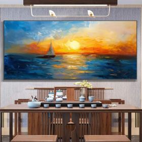 Large Abstract Blue Ocean Oil Painting on Canvas Original Sunset Seascape Wall Art Nautical Art Painting Modern Living Room Wall Decor (Style: 01, size: 100x200cm)