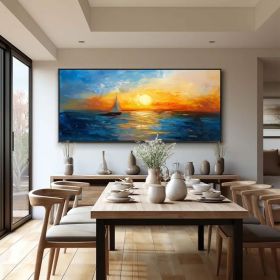 Large Abstract Blue Ocean Oil Painting on Canvas Original Sunset Seascape Wall Art Nautical Art Painting Modern Living Room Wall Decor (Style: 01, size: 120x240cm)