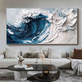 Original Minimalist Beach Oil Painting on Canvas Abstract Texture Blue Ocean Wave Painting Large Wall Art Custom Living Room Wall Decor (Style: 01, size: 40x80cm)