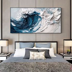 Original Minimalist Beach Oil Painting on Canvas Abstract Texture Blue Ocean Wave Painting Large Wall Art Custom Living Room Wall Decor (Style: 01, size: 70x140cm)