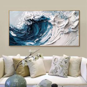 Original Minimalist Beach Oil Painting on Canvas Abstract Texture Blue Ocean Wave Painting Large Wall Art Custom Living Room Wall Decor (Style: 01, size: 60x120cm)