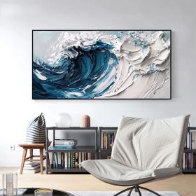 Original Minimalist Beach Oil Painting on Canvas Abstract Texture Blue Ocean Wave Painting Large Wall Art Custom Living Room Wall Decor (Style: 01, size: 80x160cm)