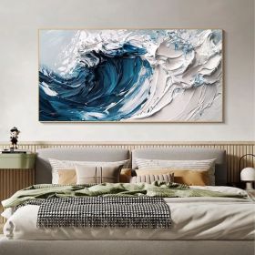 Original Minimalist Beach Oil Painting on Canvas Abstract Texture Blue Ocean Wave Painting Large Wall Art Custom Living Room Wall Decor (Style: 01, size: 100x200cm)