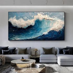 Original Blue Ocean Painting on Canvas Large Abstract Textured Sea Waves Seascape Fashion Living Room Home Decor Wall Art Personalized Gift (Style: 01, size: 60x120cm)