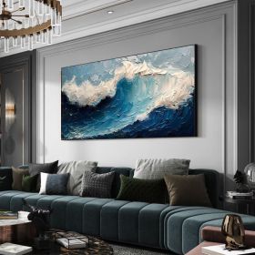 Original Blue Ocean Painting on Canvas Large Abstract Textured Sea Waves Seascape Fashion Living Room Home Decor Wall Art Personalized Gift (Style: 01, size: 70x140cm)