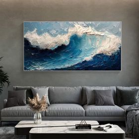 Original Blue Ocean Painting on Canvas Large Abstract Textured Sea Waves Seascape Fashion Living Room Home Decor Wall Art Personalized Gift (Style: 01, size: 100x200cm)
