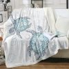 1 pc Sea Turtle Throw Blanket, Coastal Ocean Themed Sherpa Blanket, Soft Cozy Teal Blue Turtle Pattern Blanket for Couch Bed Sofa