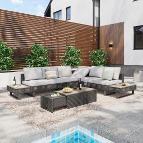 6-Person Patio Sectional Furniture Set with Extendable Coffee Table with Ice Bucket, Collapsible Seat (Color: Gray)