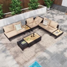 6-Person Patio Sectional Furniture Set with Extendable Coffee Table with Ice Bucket, Collapsible Seat (Color: Khaki Brown)