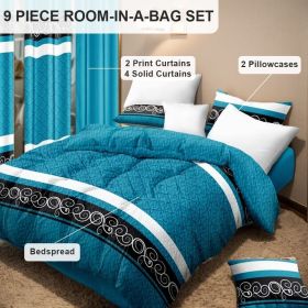 9 Piece in a Bag Thick Touch Bed Cover Curtain Set, Upgraded Luxury Bedspread Set, Bamboo microfiber All Season Bedding-Set For Home, RV Beding (Color: blue/black boho, size: QUEEN)